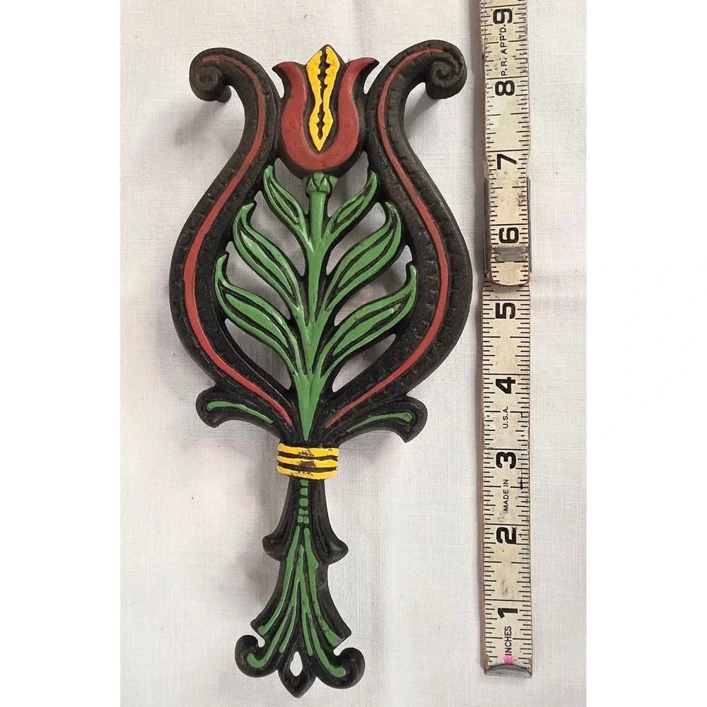 Vintage Cast Iron Tulip Trivet Hand Painted Pennsylvania Dutch Folk Art Red 9in